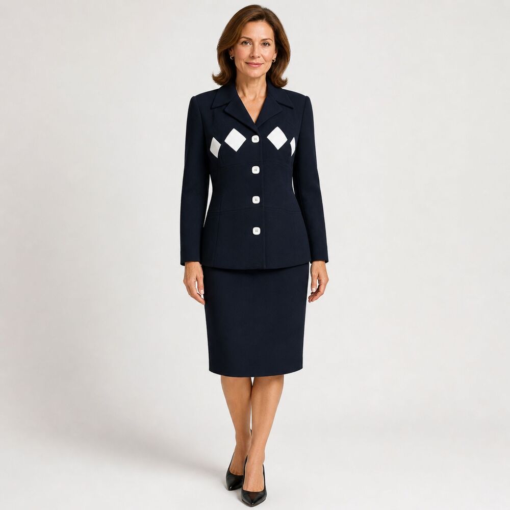 Donna Toran Navy Black Skirt Suit Size 12 Jacket Skirt Excellent Condition Lined